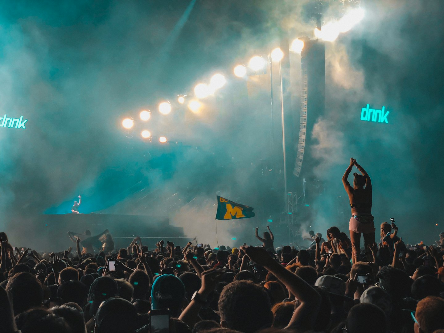 Crowd cheers at a music festival with DJ on brightly lit stage.